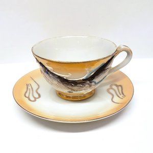 Moriage Dragon Tea Cup Saucer Geisha Lithophane Girl Face Japan Lusterware